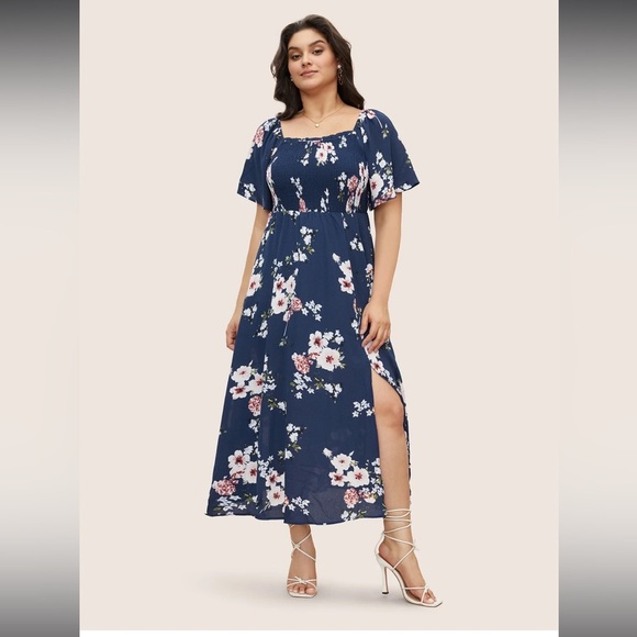 NEW Floral Square Neck Ruffles Pocket Shirred Split Dress Sz 12 - Picture 1 of 10